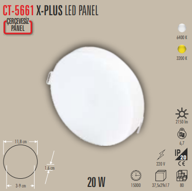 CT-5661 Sıva Altı Panel Led 20Watt